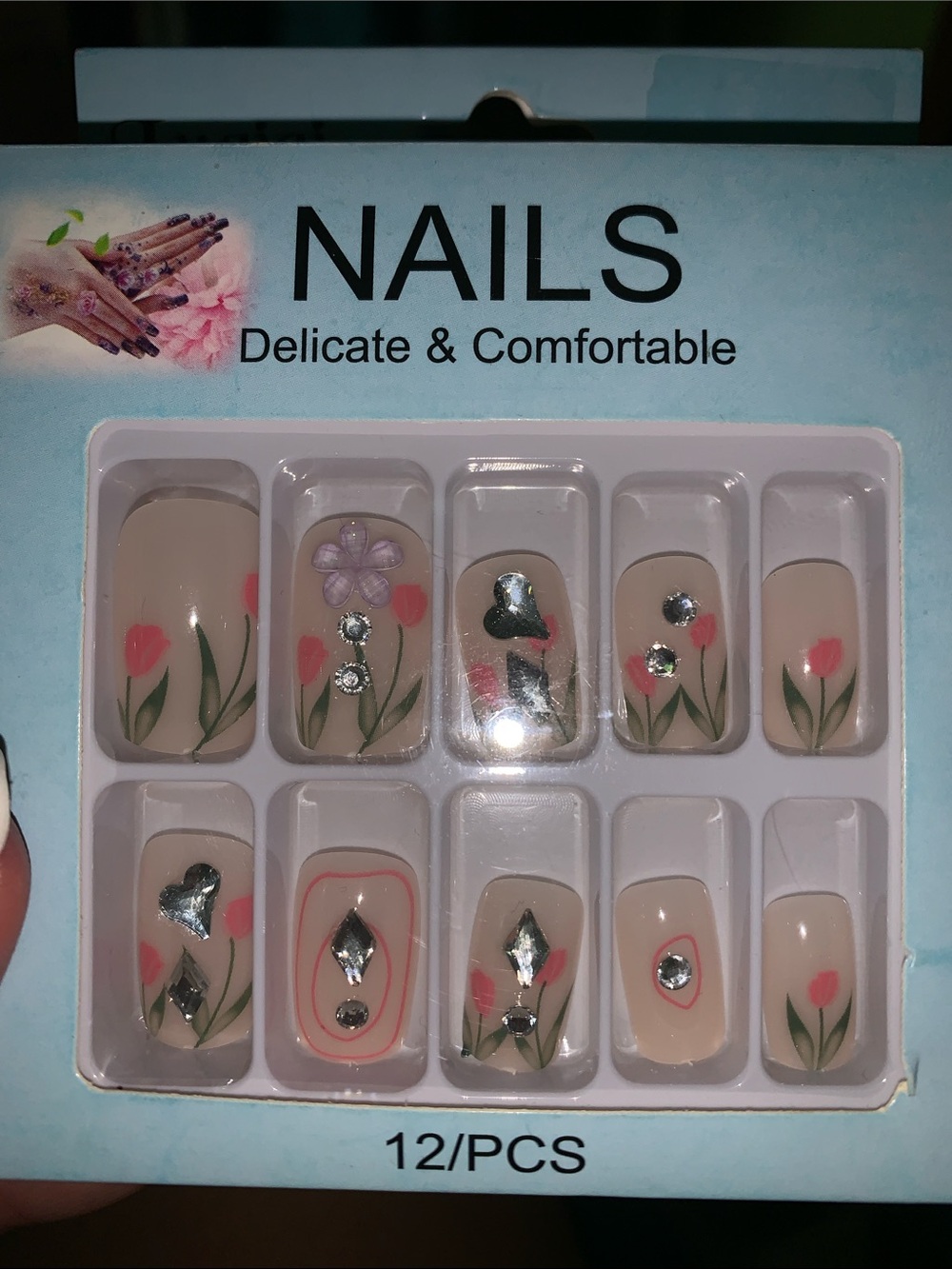 Floral Pink glue -On Nail Set - 12 Pieces